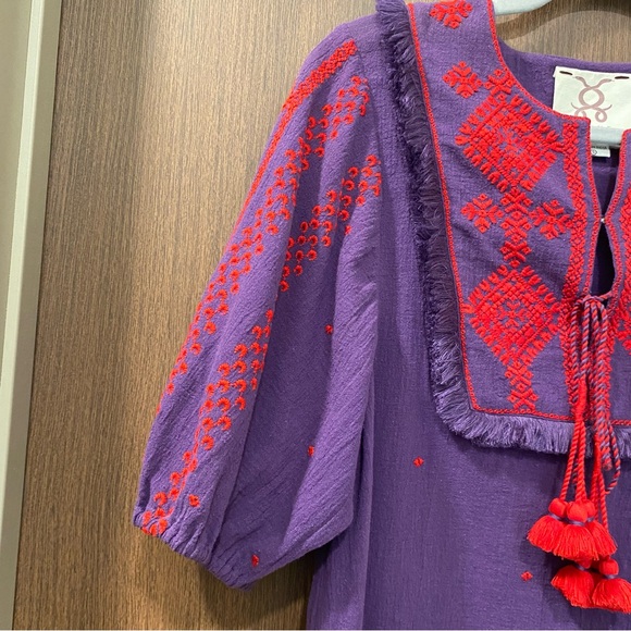 Figue Embroidered Blouse Size Small Tassels Fringe Balloon Sleeves Cotton Boho - Picture 8 of 15